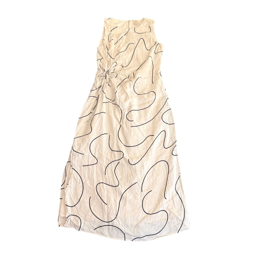 Magaschoni Maxi Dress Womens 2 Abstract Line Print Linen Sleeveless Cream Black